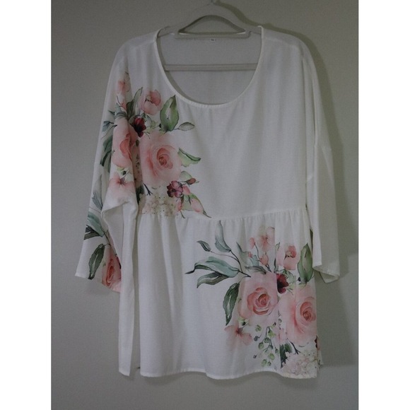 Source Unknown Tops - Cottagecore Boho Sheer Floral Blouse 0XL White Pink Rose Airy Flowy Top